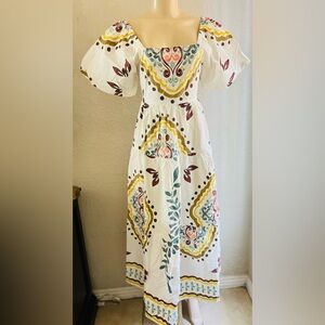 Meadow Rhodes  Boutique Boho Maxi Dress 100% Cotton Puff Sleeve Smocked size M